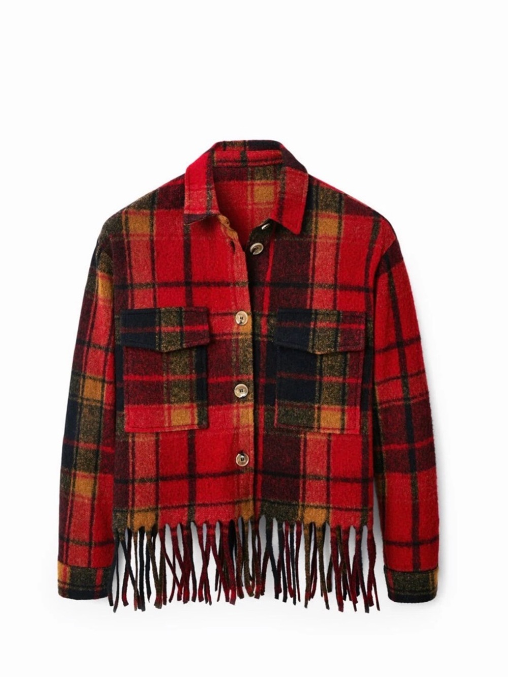 DESIGUAL - Red Plaid Fringe Teddy Coat